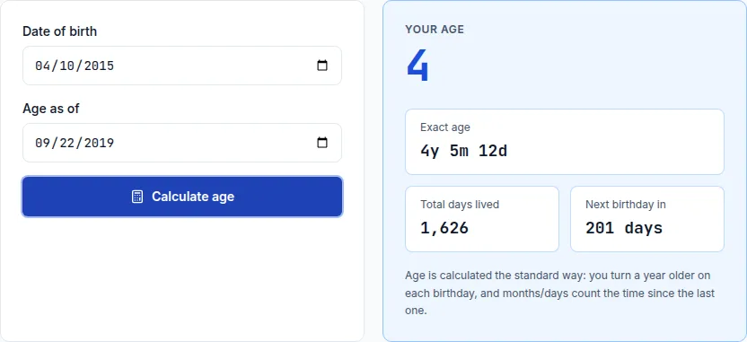 Age calculator showing a 4-year, 5-month, 12-day gap between two birth dates