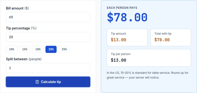 Tip calculator showing a $13.00 tip and $78.00 total on a $65 hair salon bill at 20%