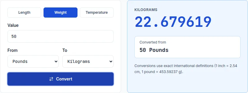 Unit converter showing 50 pounds converted to 22.679619 kilograms
