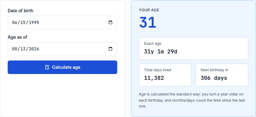 Age calculator showing an exact age breakdown in years, months, and days from a June 1995 birth date